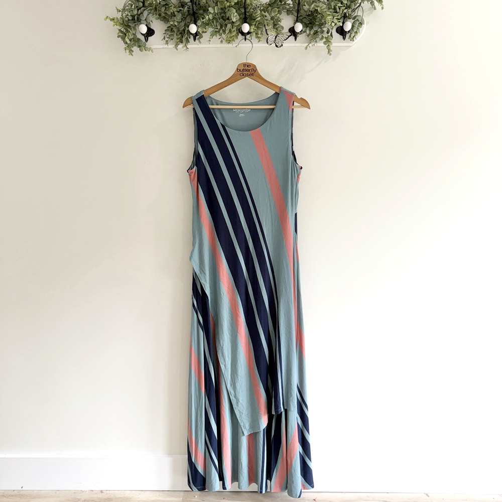 SOFT SURROUNDINGS Blue Pink Striped Lina Asymmetrical Sleeveless Maxi Dress Med